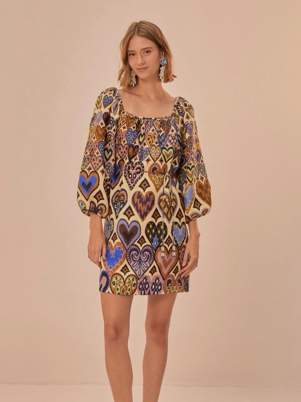 FARM Rio Hearts Ikat Print Tie Waist Linen Dress